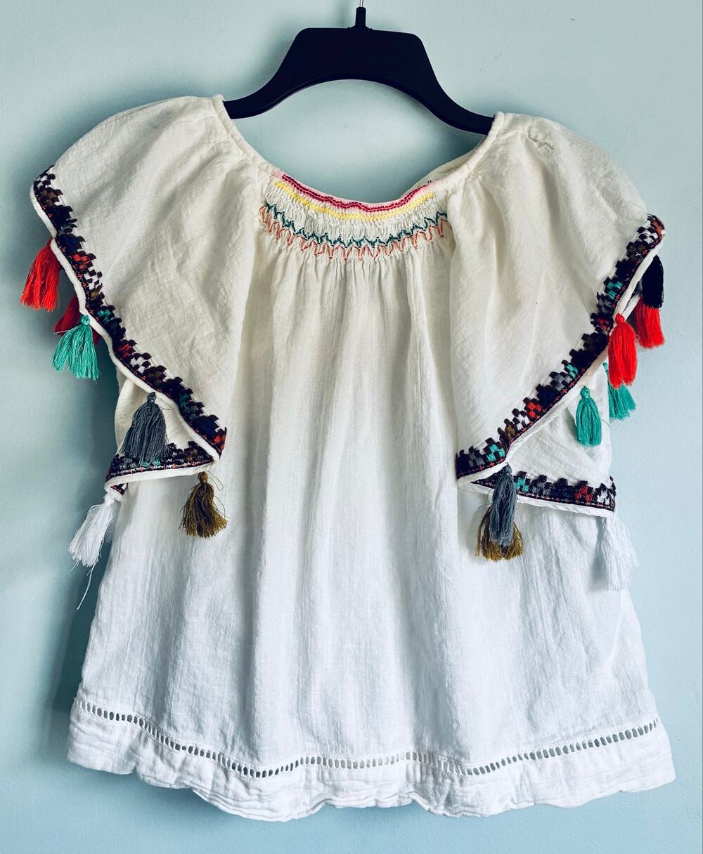 THML Embroidered Top Tassle White Cotton Lightweight Boho Cottage
